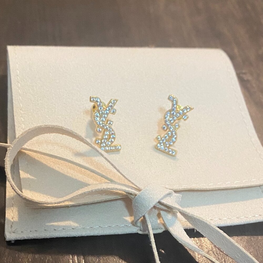 Chic YSL Petite Gold Logo Earrings with Crystal Accents